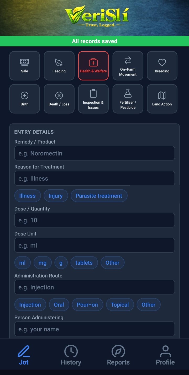 VeriSlí health and welfare form for recording a livestock treatment