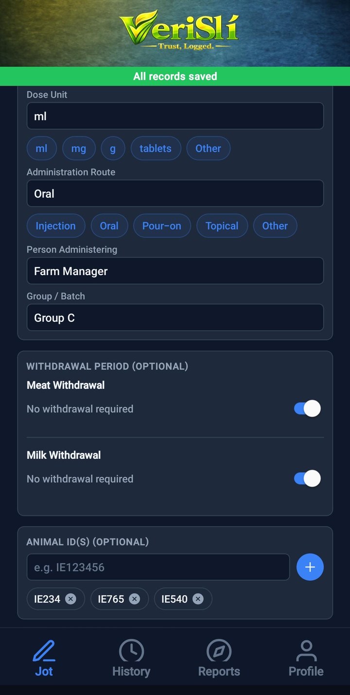 VeriSlí treatment record showing withdrawal periods and multiple animal IDs