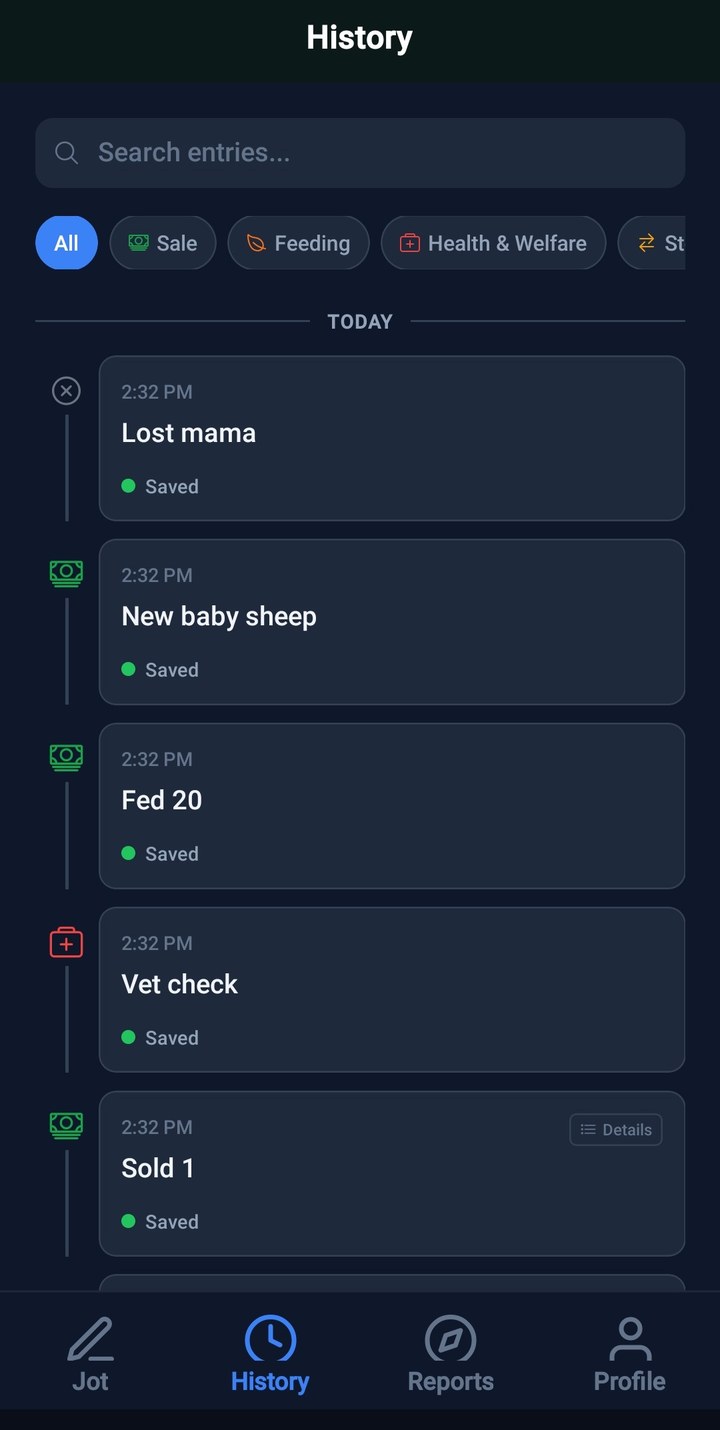 VeriSlí history screen showing a chronological list of saved farm activities