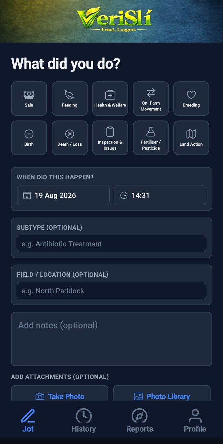 VeriSlí jot screen for quickly recording a farm activity such as feeding, health or breeding