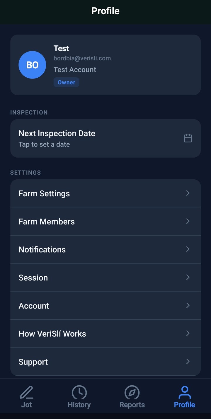 VeriSlí profile screen showing farm settings and next inspection date