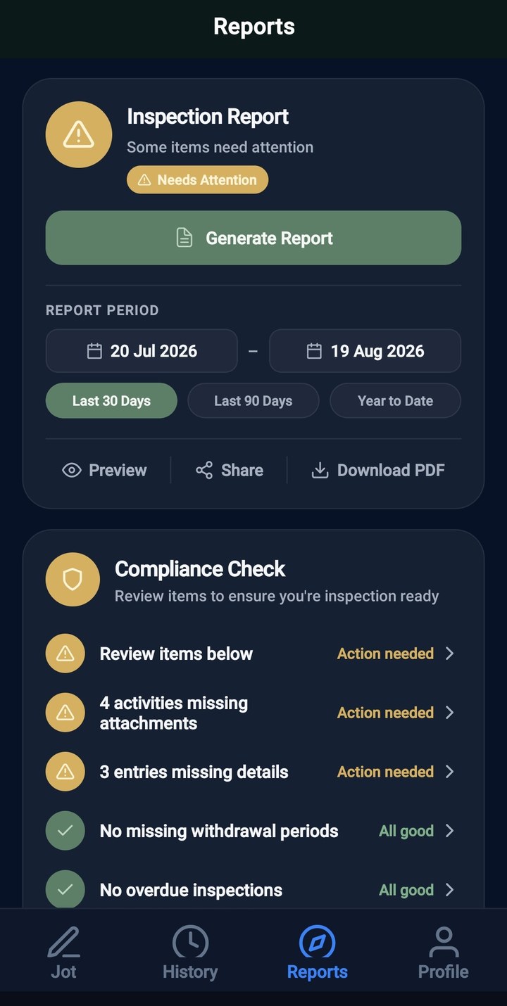 VeriSlí reports screen with an inspection report and compliance check
